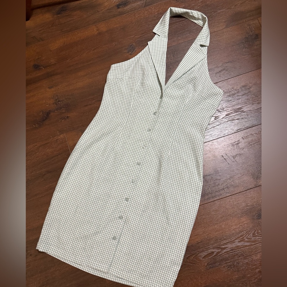 Mint Green Checkered Halter Button-Down Dress